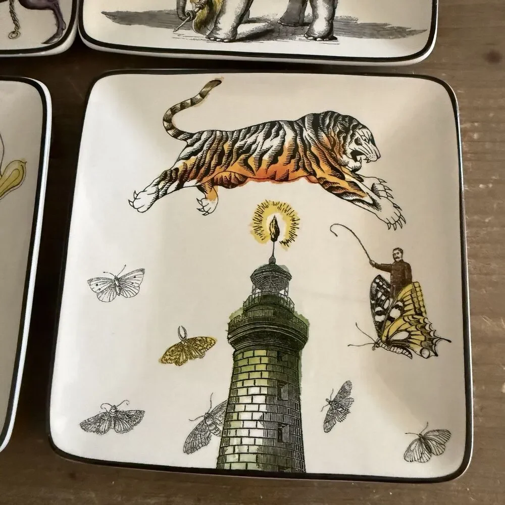 4 Pottery Barn Whimsical Square Appetizer Snack Plate Set Unicorn Tiger Elephant